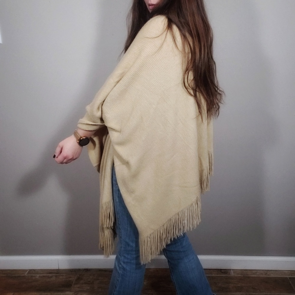 Beige Fringe Rectangle Shawl Poncho Wrap